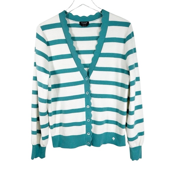 KATE SPADE Green & White Striped V-Neck Cardigan Scalloped Edges Size Large - Picture 1 of 8